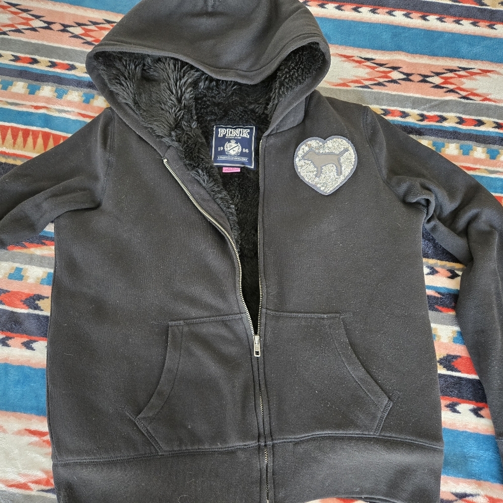 PINK Victoria's Secret Black Hoodie with Silver Heart